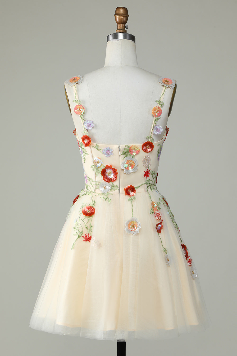 Spaghetti Straps Black A Line Sequin Flowers Short Formal Dress