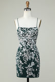 Dark Green Spaghetti Straps Bodycon Short Formal Dress With Appliques