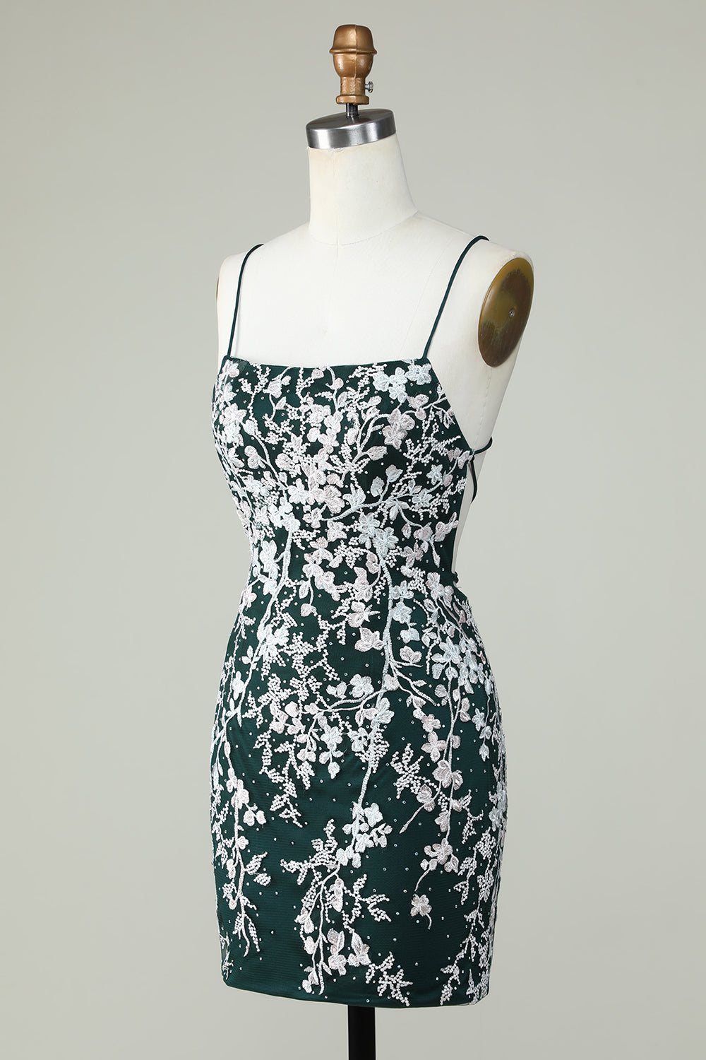 Dark Green Spaghetti Straps Bodycon Short Formal Dress With Appliques