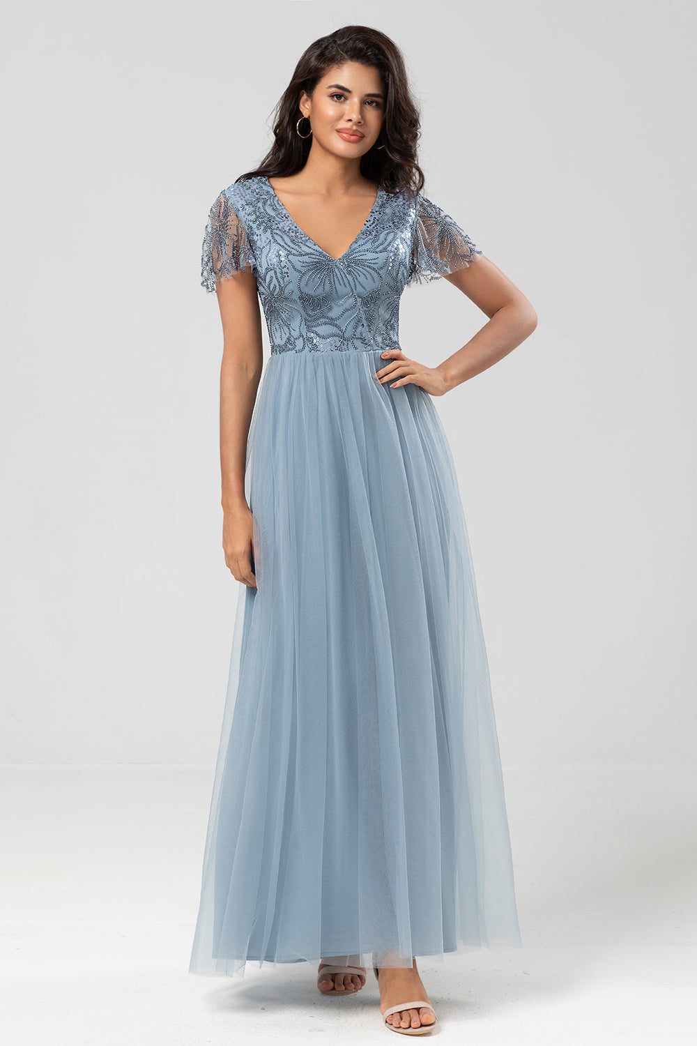 A Line V Neck Dusty Blue Long Bridesmaid Dress with Beading