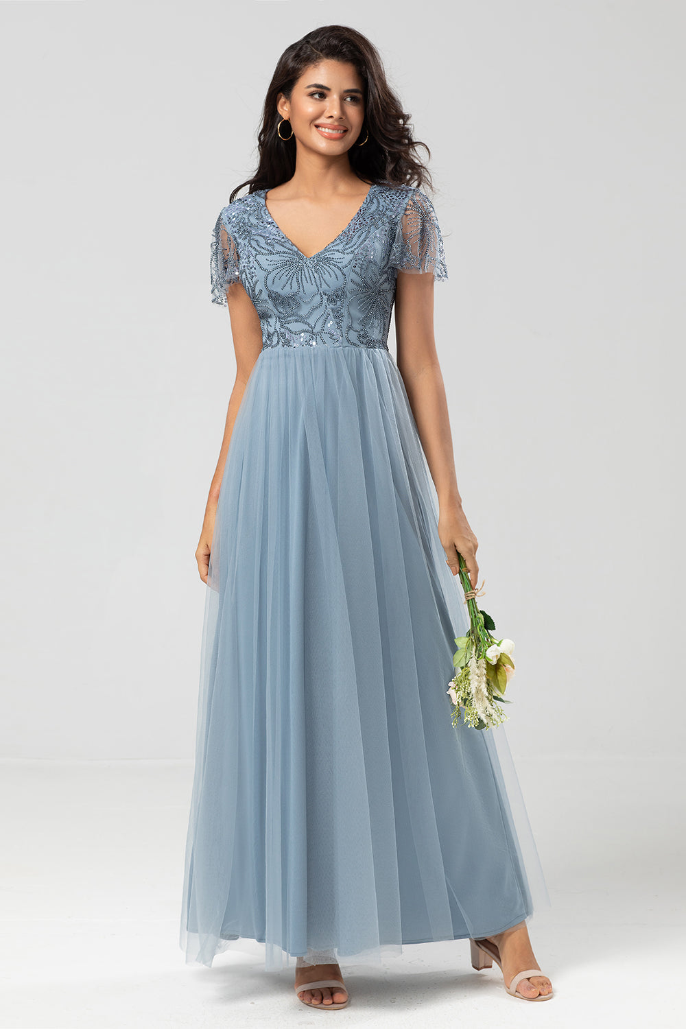 A Line V Neck Dusty Blue Long Bridesmaid Dress with Beading