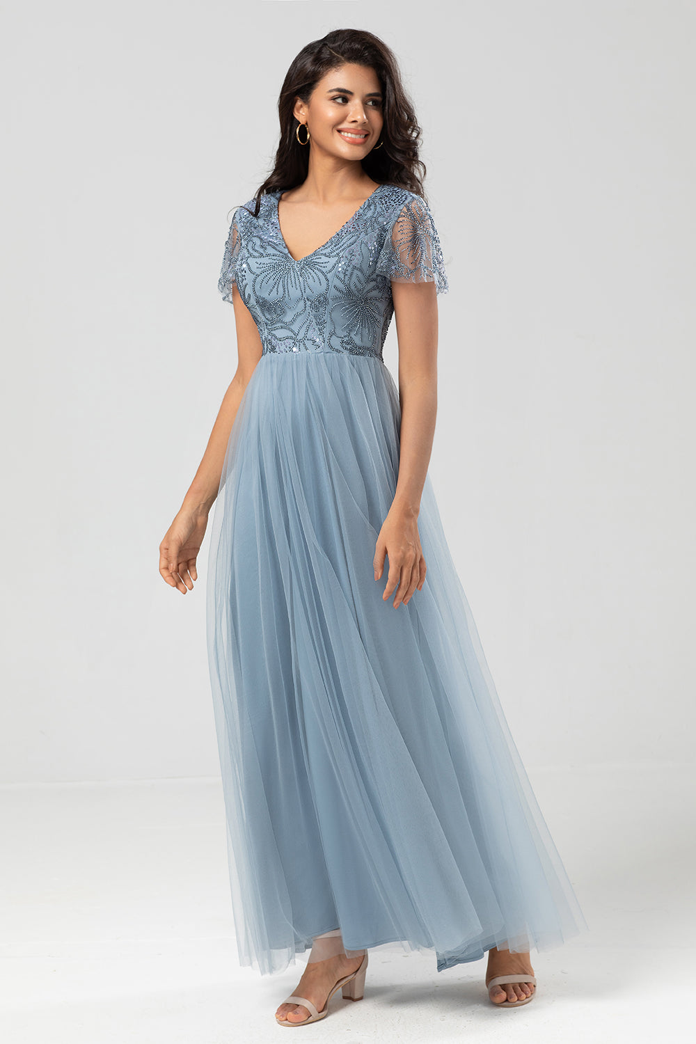 A Line V Neck Dusty Blue Long Bridesmaid Dress with Beading