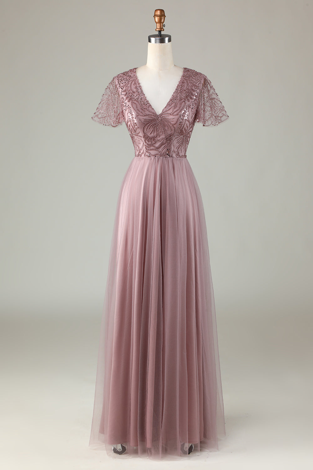 A Line V Neck Dusty Blue Long Bridesmaid Dress with Beading