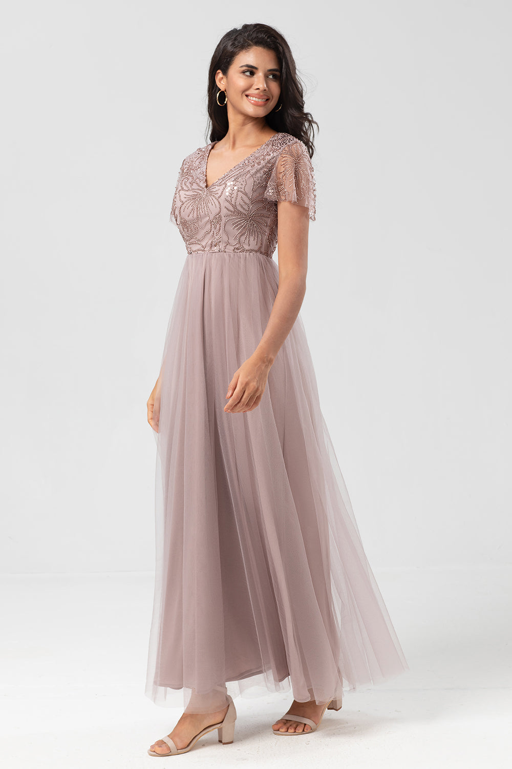 A Line V Neck Dusty Blue Long Bridesmaid Dress with Beading