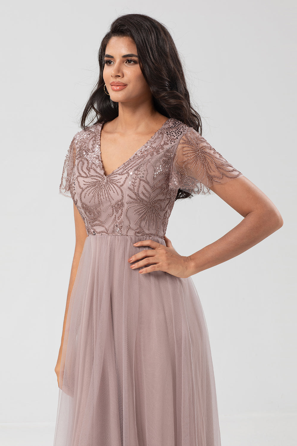 A Line V Neck Dusty Blue Long Bridesmaid Dress with Beading