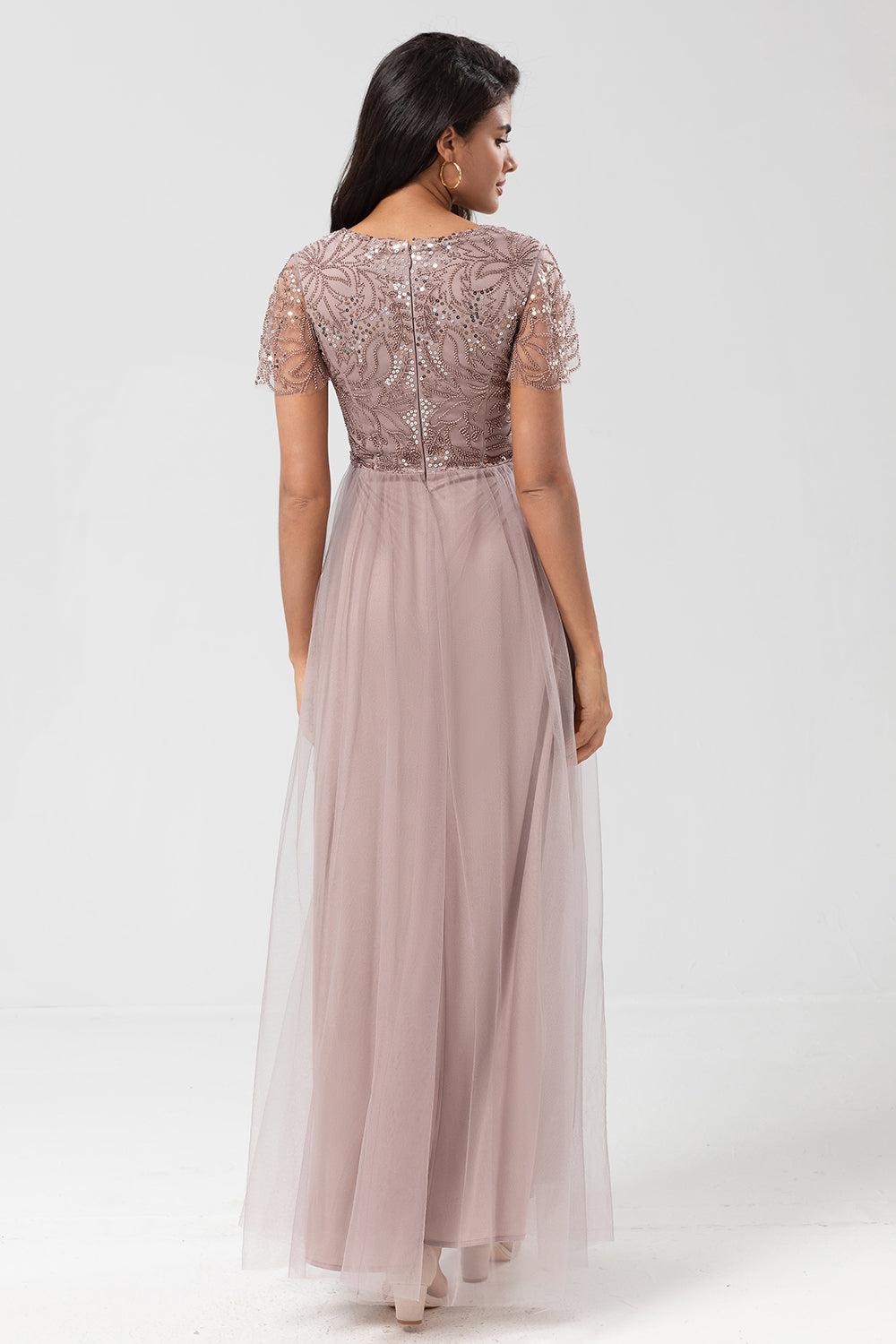 A Line V Neck Dusty Blue Long Bridesmaid Dress with Beading