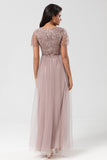 A Line V Neck Dusty Blue Long Bridesmaid Dress with Beading