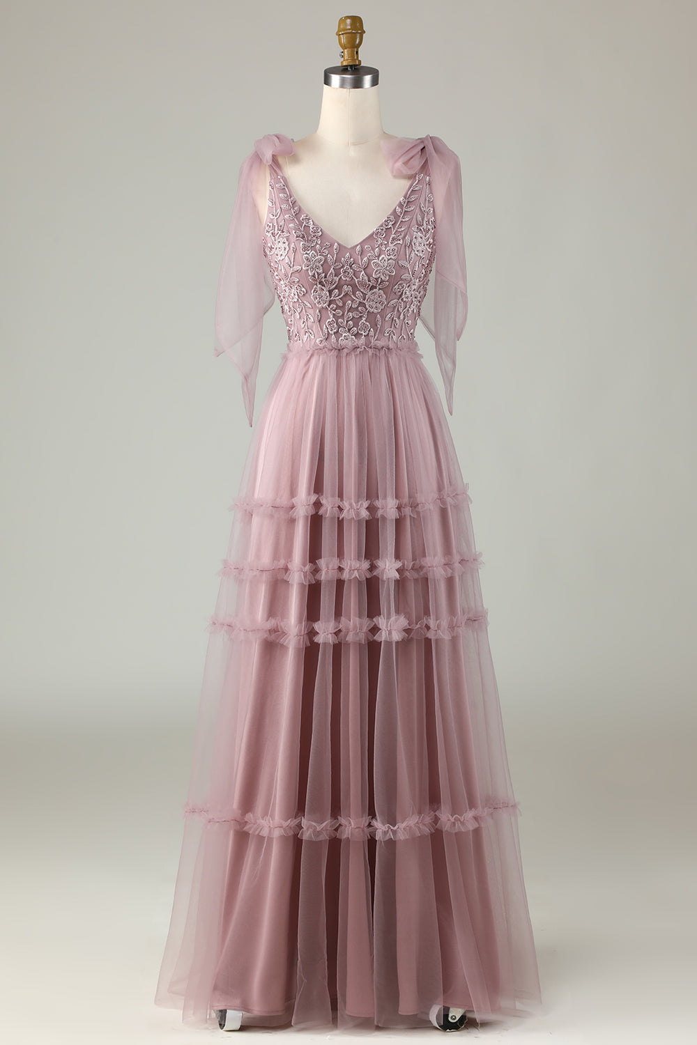 A-Line V Neck Dusty Pink Long Bridesmaid Dress with Beading