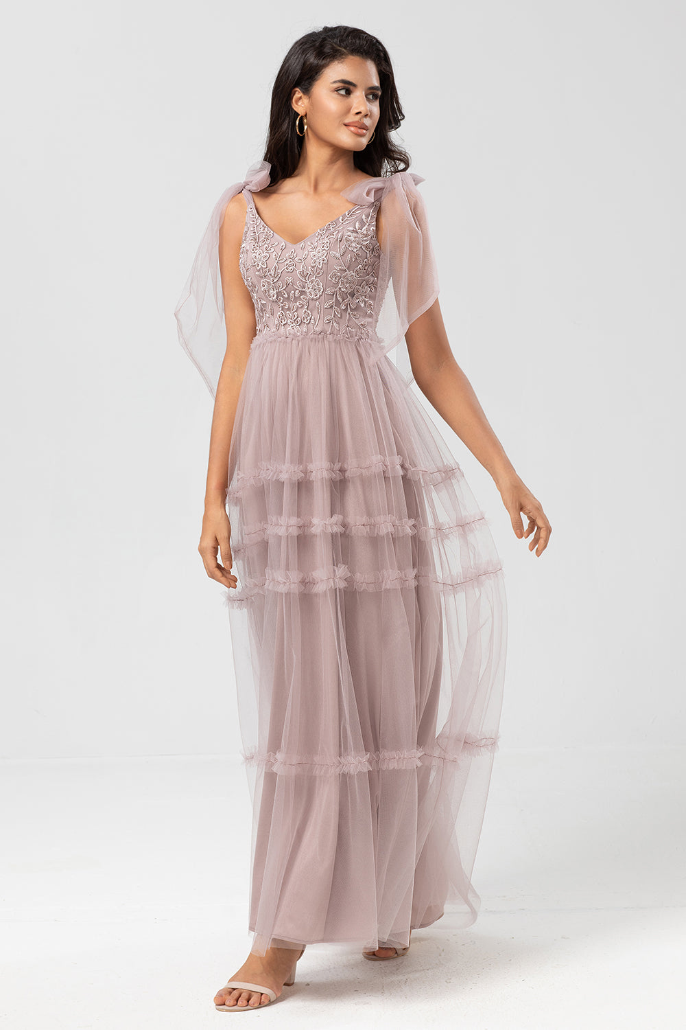 A-Line V Neck Dusty Pink Long Bridesmaid Dress with Beading