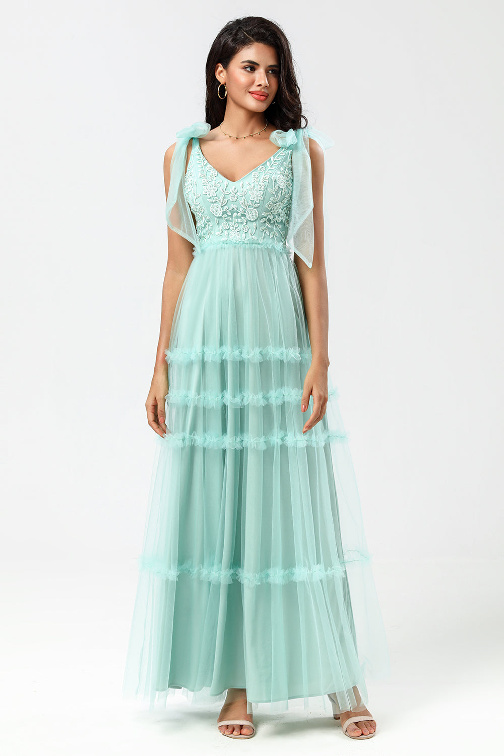 A-Line V Neck Dusty Pink Long Bridesmaid Dress with Beading