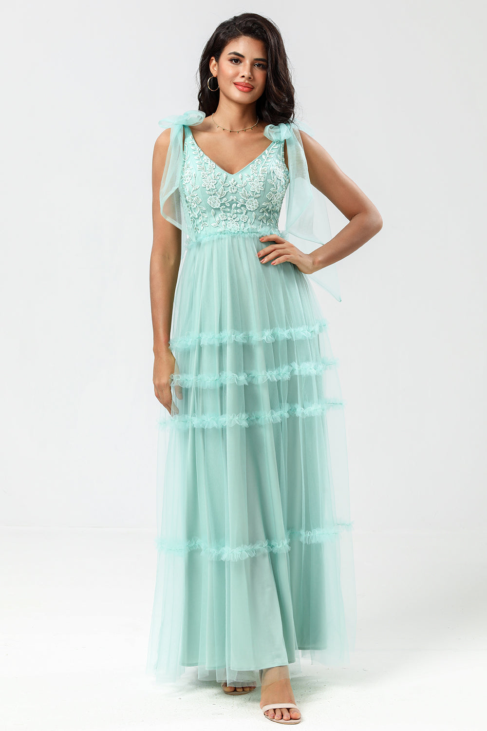 A-Line V Neck Dusty Pink Long Bridesmaid Dress with Beading