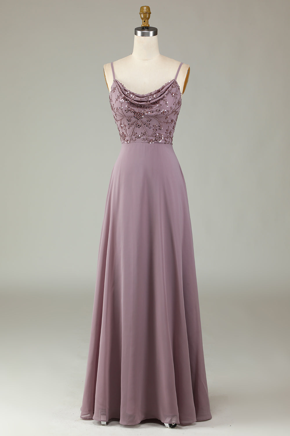 A Line Spaghetti Straps Dusty Pink Long Bridesmaid Dress with Beaded