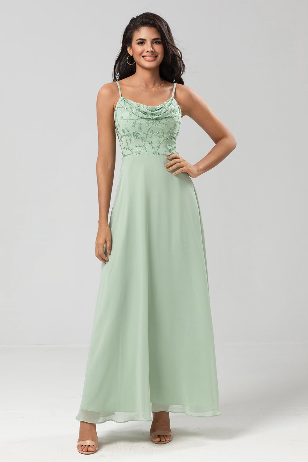 A Line Spaghetti Straps Dusty Pink Long Bridesmaid Dress with Beaded