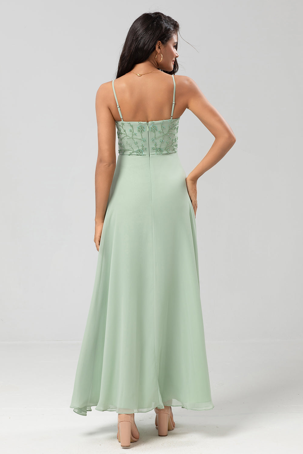 A Line Spaghetti Straps Dusty Pink Long Bridesmaid Dress with Beaded