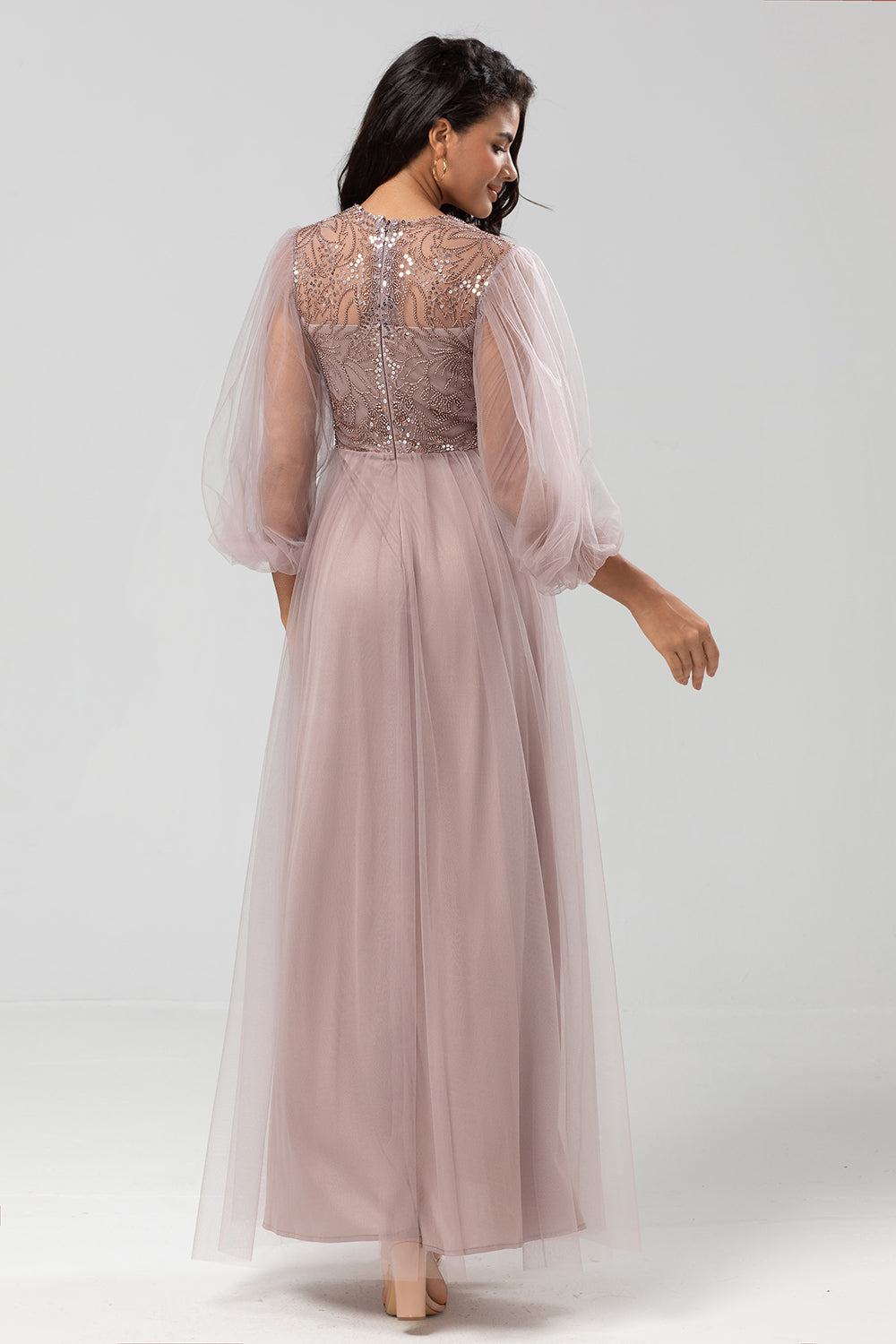 A Line Jewel Neck Grey Blue Long Bridesmaid Dress with Long Sleeves