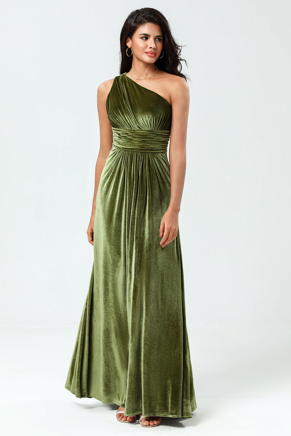 Velvet One Shoulder Olive Sheath Long Bridesmaid Dress