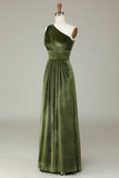 Velvet One Shoulder Olive Sheath Long Bridesmaid Dress