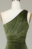 Velvet One Shoulder Olive Sheath Long Bridesmaid Dress