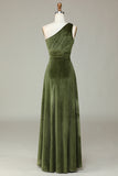 Velvet One Shoulder Olive Sheath Long Bridesmaid Dress