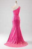 Sparkly Fuchsia Mermaid One Shoulder Appliques Formal Dress With Slit