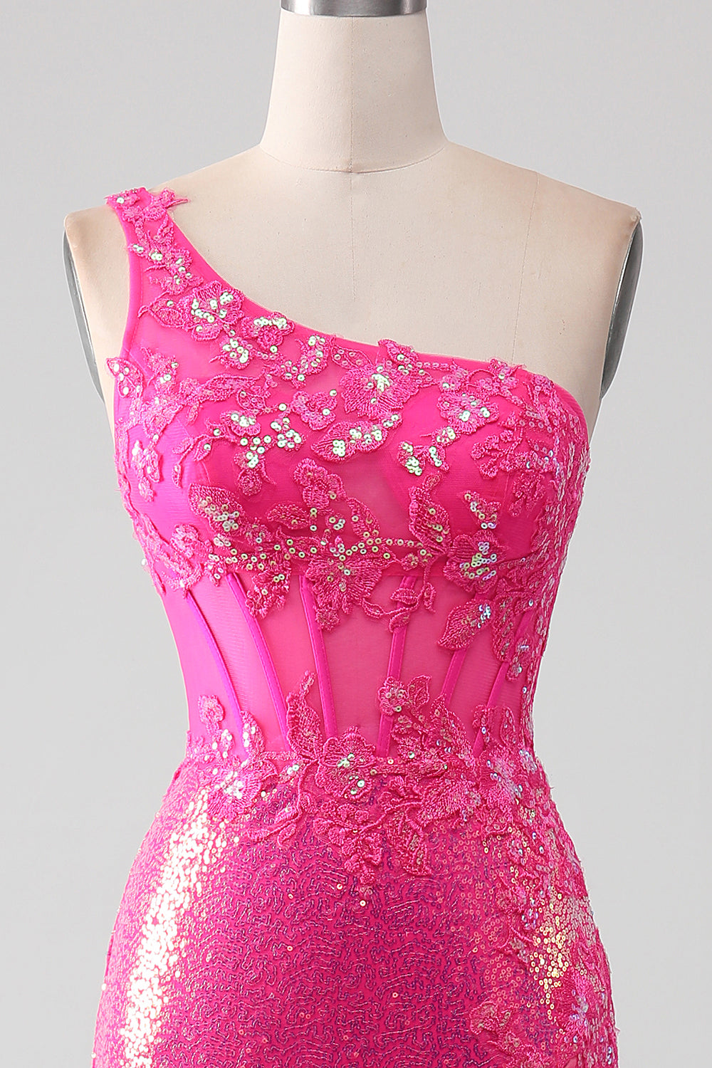 Sparkly Fuchsia Mermaid One Shoulder Appliques Formal Dress With Slit