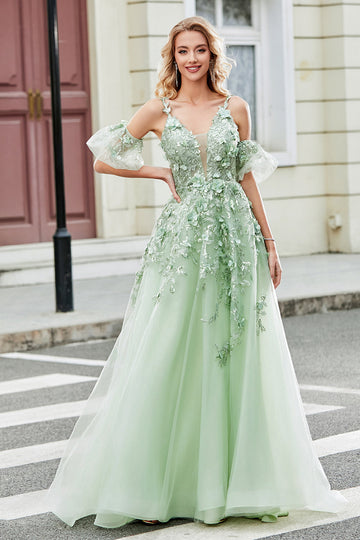 Green Removable Sleeves Tulle Formal Dress with Appliques