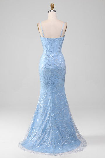 Light Blue Mermaid Sparkly Sequin Long Corset Formal Dress