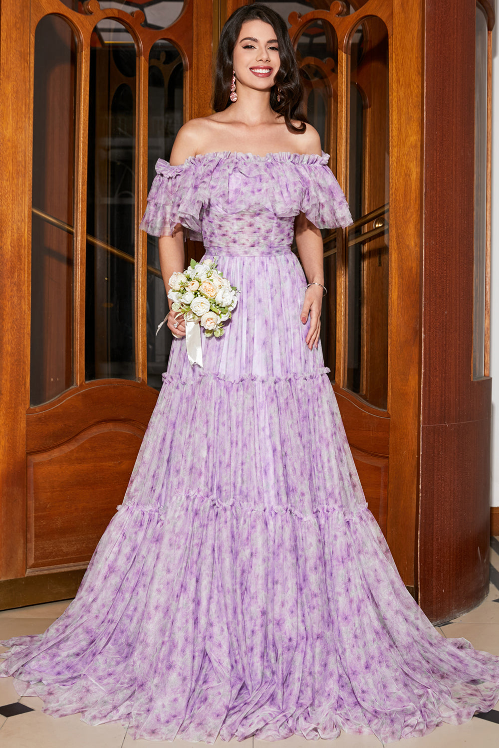 Gorgeous A Line Off the Shoulder Lilac Floral Long Formal Dress with Ruffles