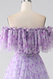Lilac Floral Off the Shoulder Long Ruffled Formal Dress