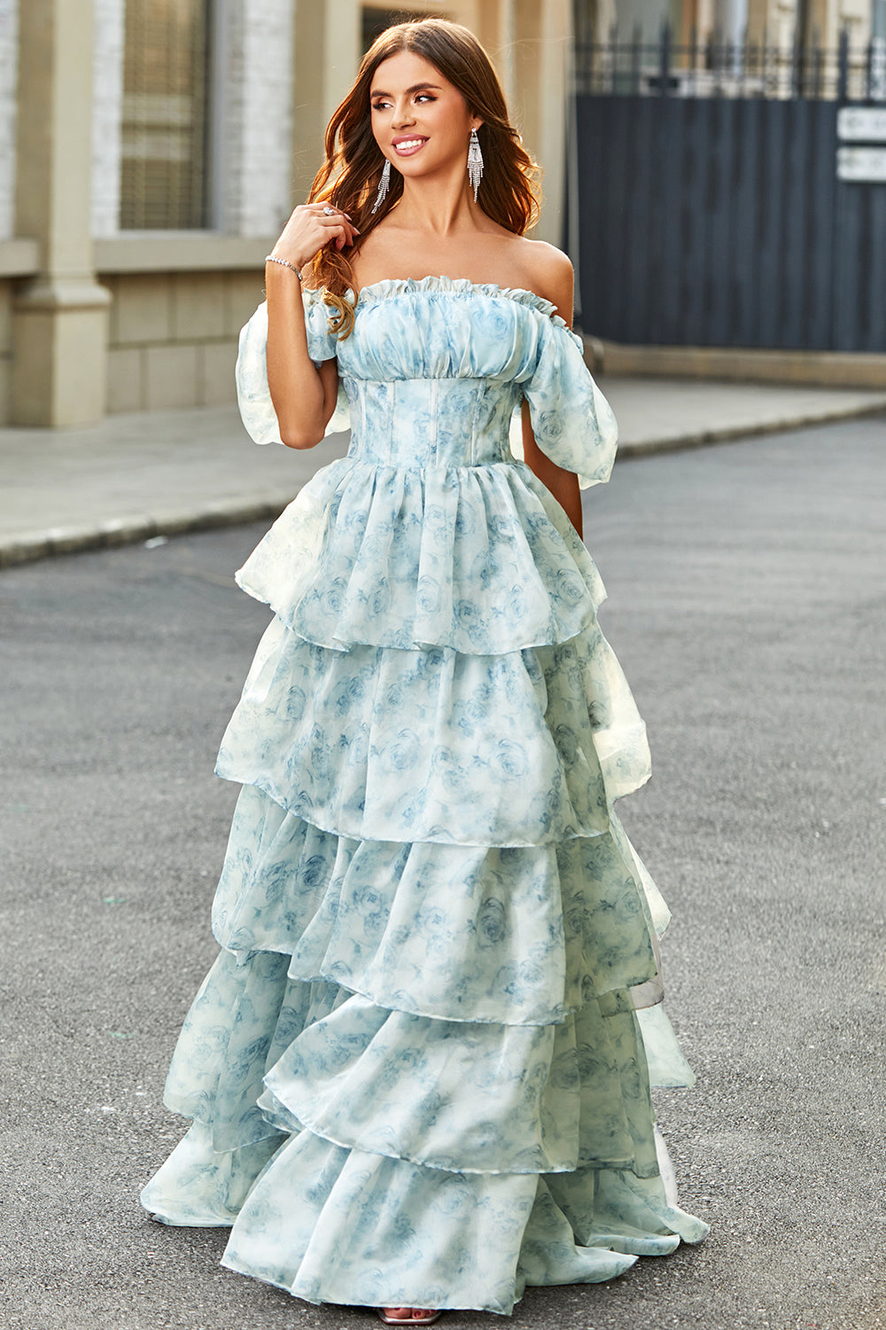 ZAPAKA Women Light Blue Long Corset Formal Dress with Ruffles Tiered Floral Printed A-Line Off The Shoulder Prom Dress with Puff Sleeves