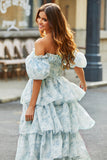 A Line Off The Shoulder Light Blue Tiered Floral Long Formal Dress with Ruffles