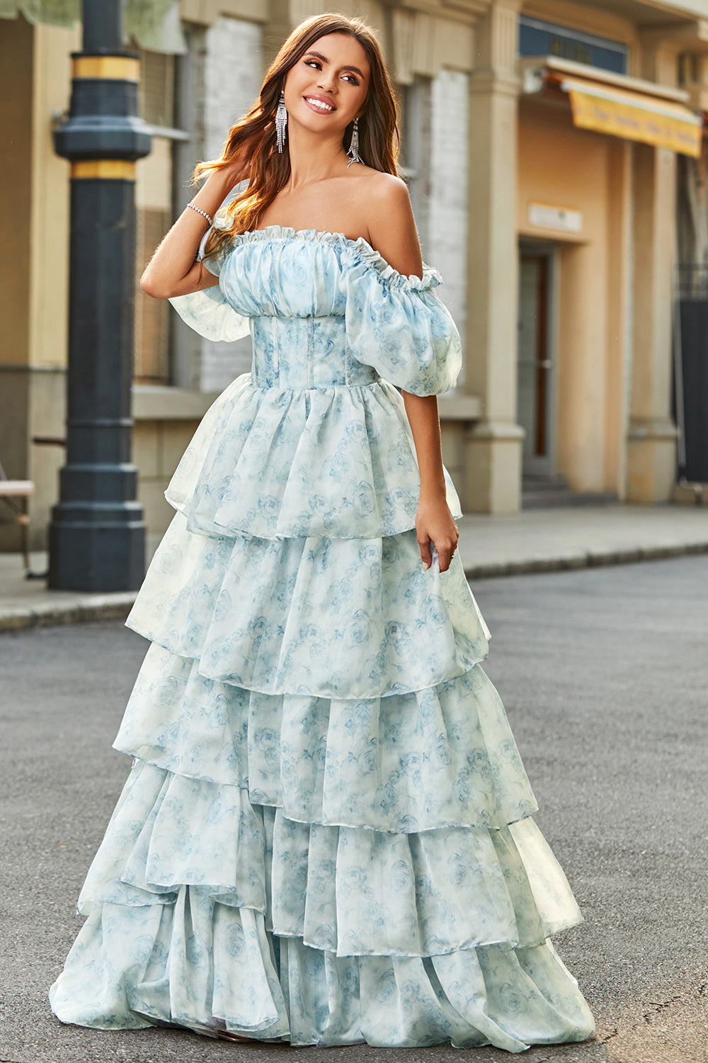 A Line Off The Shoulder Light Blue Tiered Floral Long Formal Dress with Ruffles