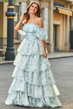 A Line Off The Shoulder Light Blue Tiered Floral Long Formal Dress with Ruffles