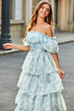 A Line Off The Shoulder Light Blue Tiered Floral Long Formal Dress with Ruffles