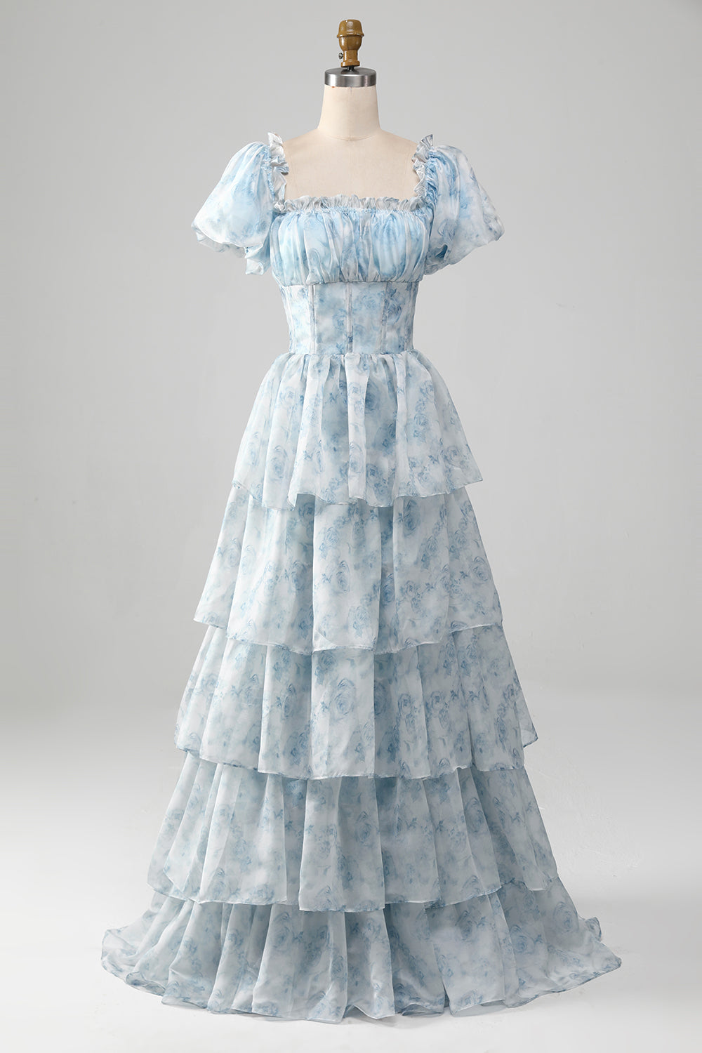 ZAPAKA Women Light Blue Floral Long Corset Formal Dress Ruffled Tiered Puff Sleeves Square Neck A-Line Prom Dress
