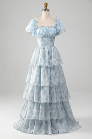 Light Blue Tiered A-Line Corset Floral Long Formal Dress