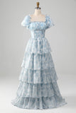 Light Blue Tiered A-Line Corset Floral Long Formal Dress