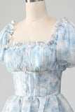 Light Blue Tiered A-Line Corset Floral Long Formal Dress