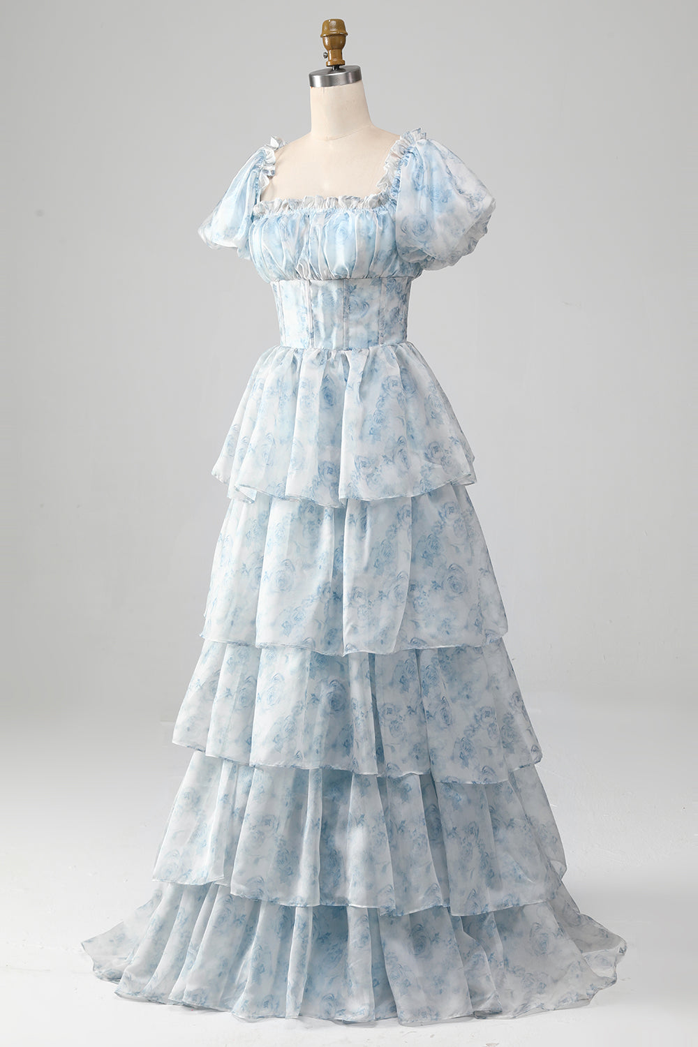 Light Blue Tiered A-Line Corset Floral Long Formal Dress