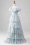 Light Blue Tiered A-Line Corset Floral Long Formal Dress