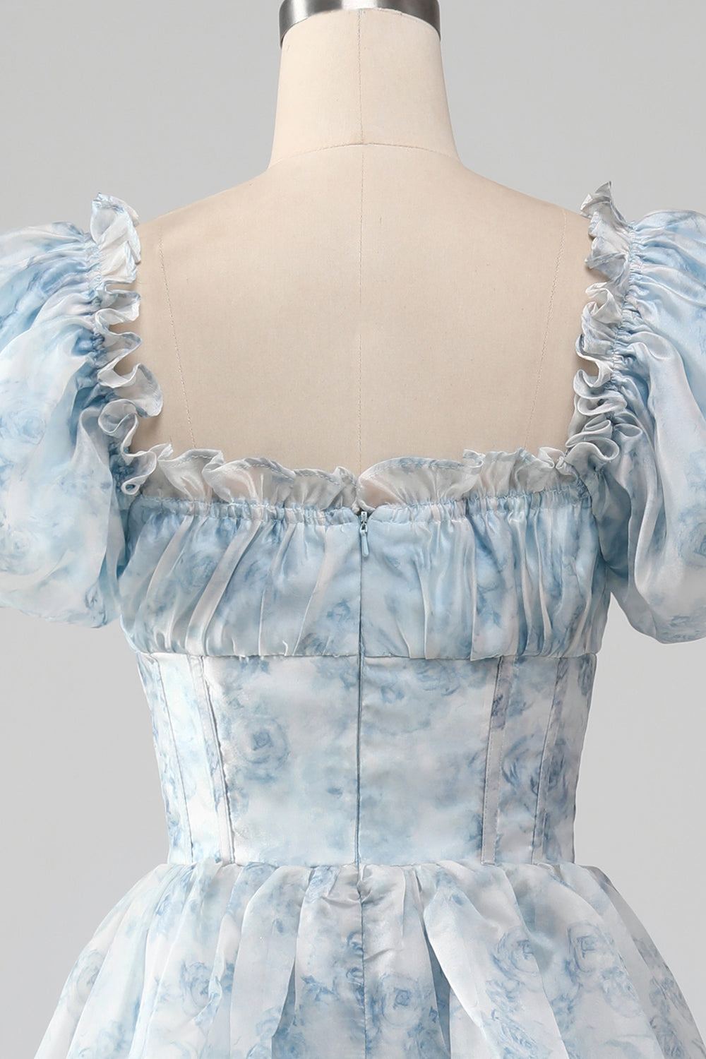 Light Blue Tiered A-Line Corset Floral Long Formal Dress