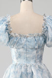 Light Blue Tiered A-Line Corset Floral Long Formal Dress