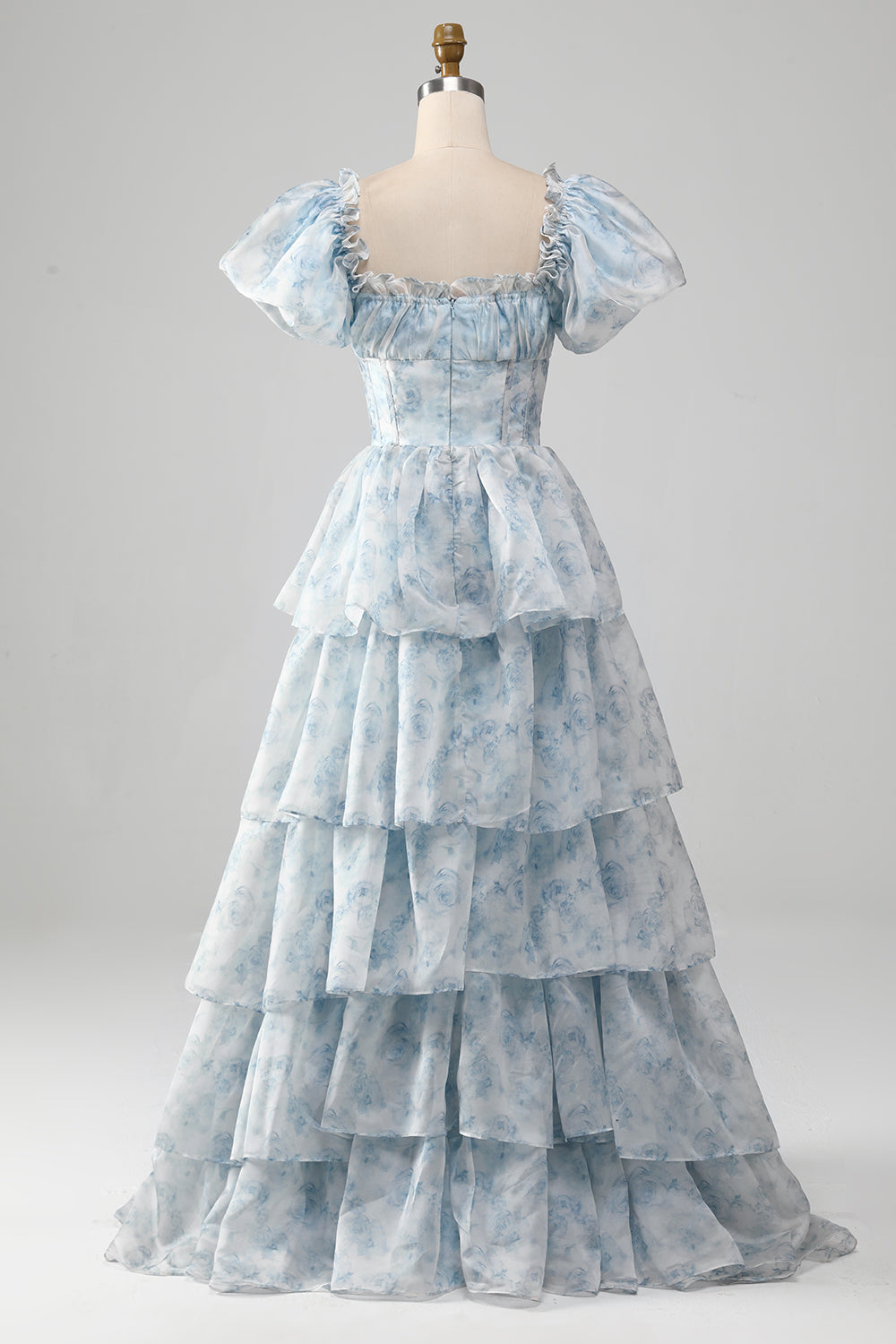 Light Blue Tiered A-Line Corset Floral Long Formal Dress