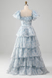 Light Blue Tiered A-Line Corset Floral Long Formal Dress