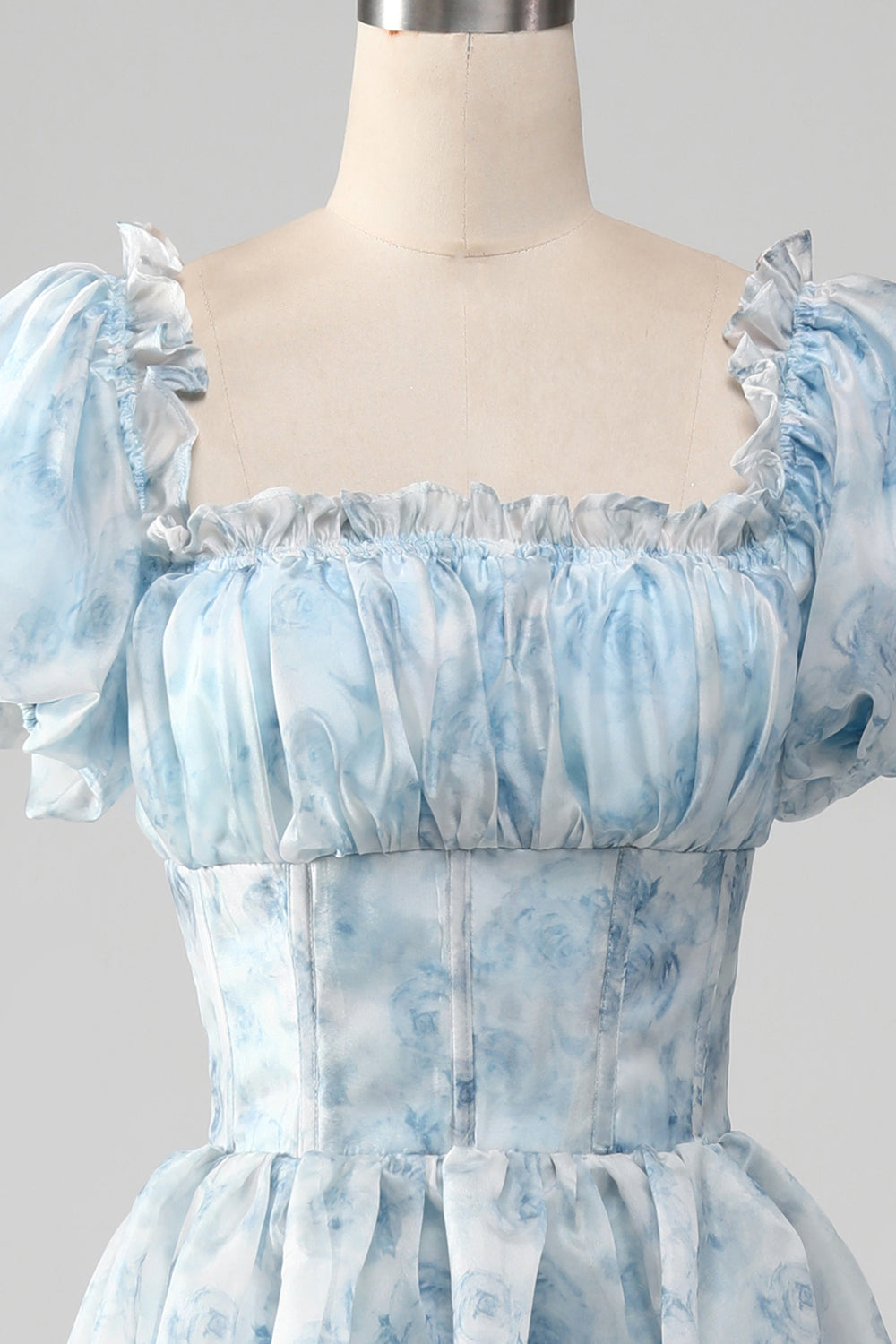 Light Blue Tiered A-Line Corset Floral Long Formal Dress