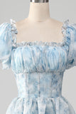 Light Blue Tiered A-Line Corset Floral Long Formal Dress