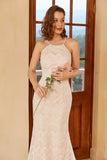 Mermaid Halter White Lace Wedding Dress with Sweep Train