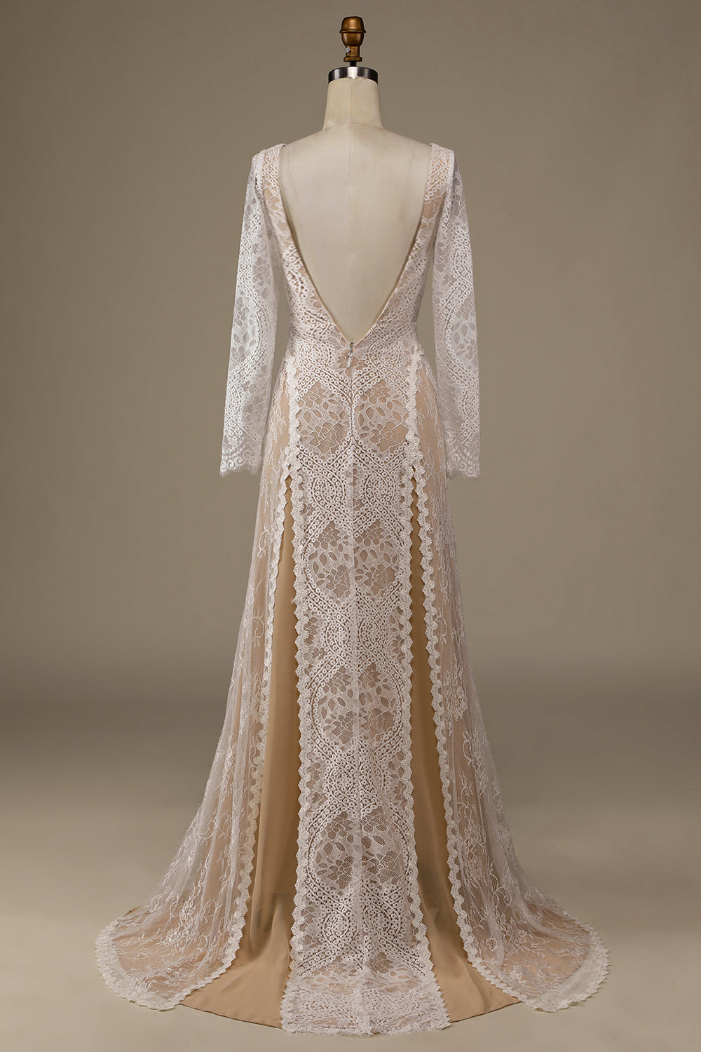Champagne Long Sleeves Lace Sweep Train Wedding Dress