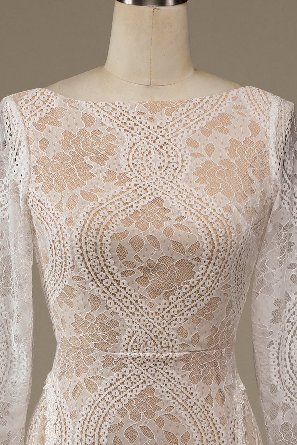 Champagne Long Sleeves Lace Sweep Train Wedding Dress