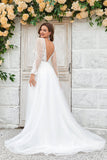 Deep V-Neck Ivory Tulle Sweep Train Wedding Dress with Lace